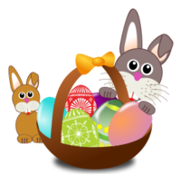 Funny bunny face with Easter eggs in a basket with baby rabbit